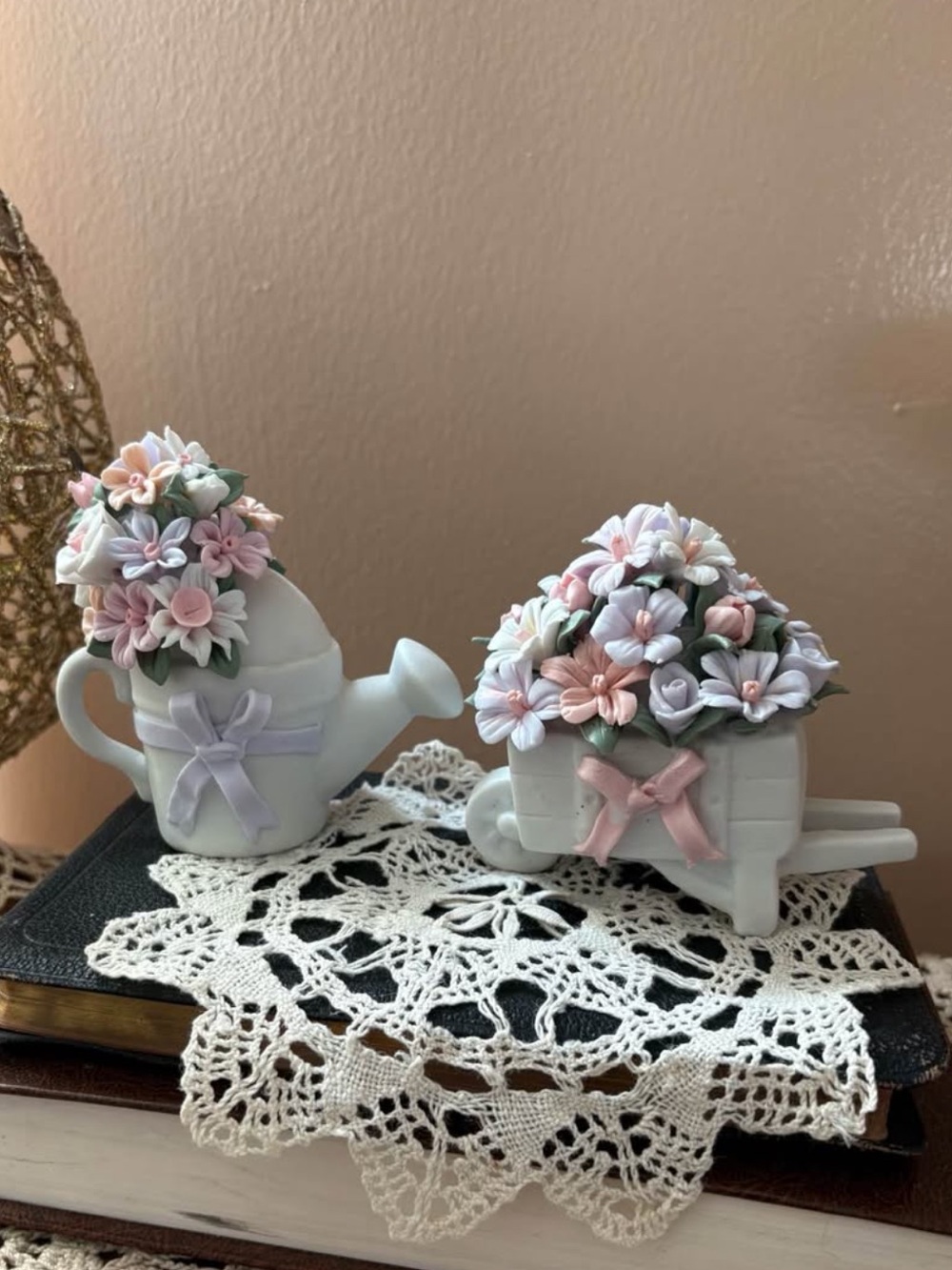 Enesco Bisque Garden Flowers Watering Can & Wheelbarrow